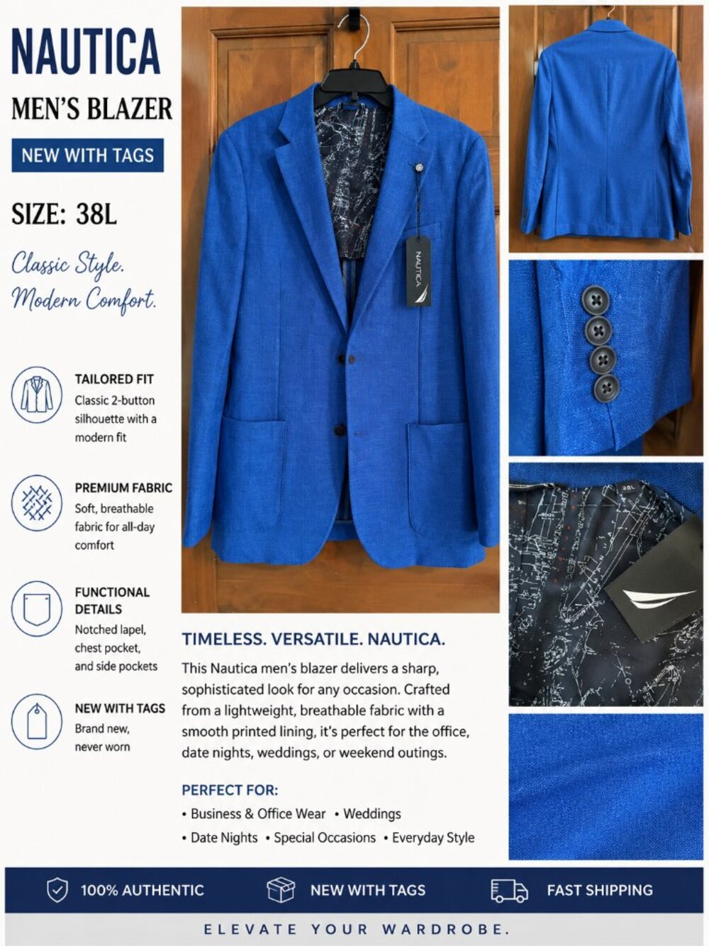 NWT Nautica Men's Blue Blazer Sport Coat 38L Two Button Modern Fit
